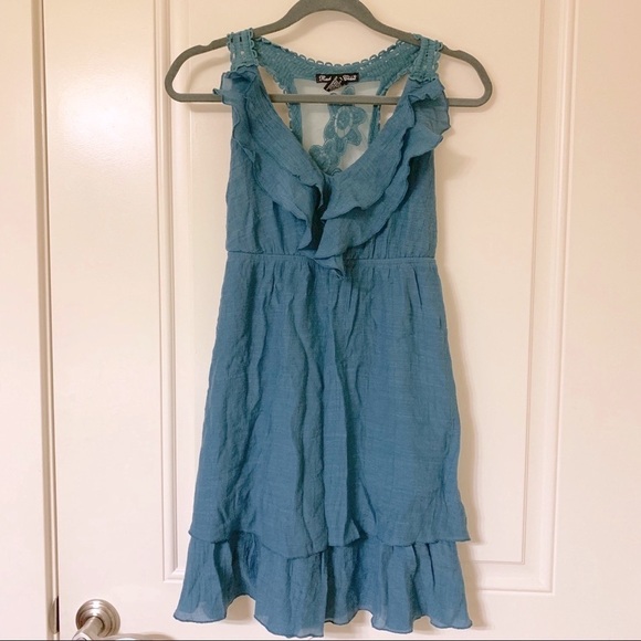 Teal Mesh Lace Back Gauzy Ruffle V-Neck Dress - Picture 1 of 3